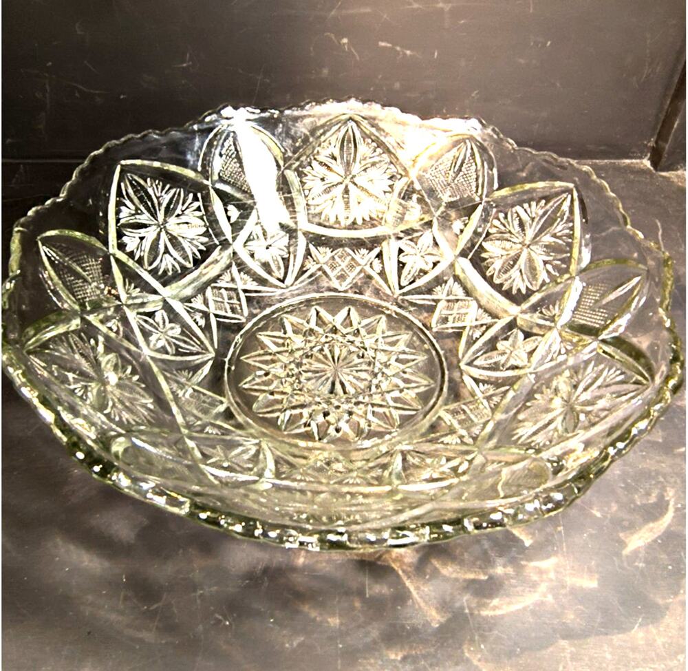 2207.  Antique Yutec Pattern Clear Pressed Glass Serving Bowl by McKee EAPG